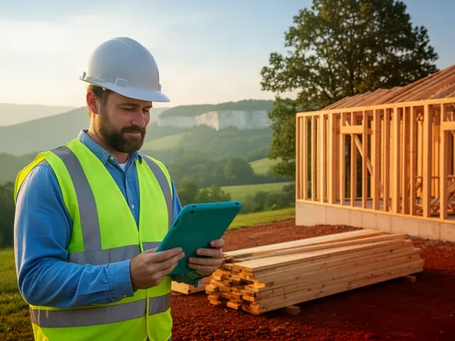Bearded builder in a hard hat and safety vest reviewing a teal tablet beside a timber-framed house on red clay