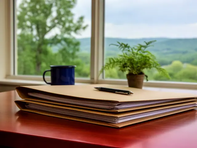 Stack of kraft folders with a pen on a red desk beside a blue mug and fern by a window