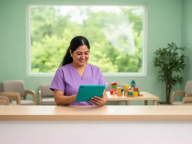 Smiling office manager in lavender scrubs reviewing a teal tablet at a pediatric clinic reception counter
