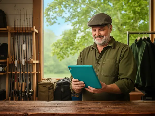 Bearded man in a flat cap and olive shirt reviewing a teal tablet at a wooden shop counter with fishing rods behind