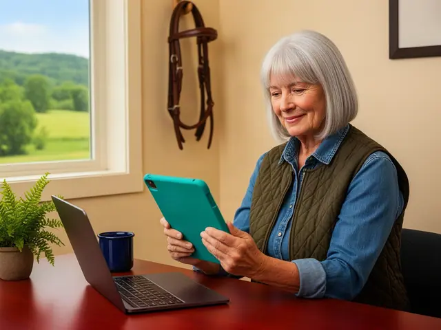 Grey-haired woman in a quilted olive vest reading a teal-cased tablet at a desk beside a window