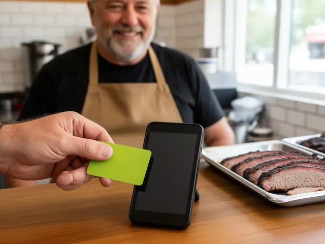 Customer hand holding a lime-green card to a black card terminal beside sliced brisket on a counter